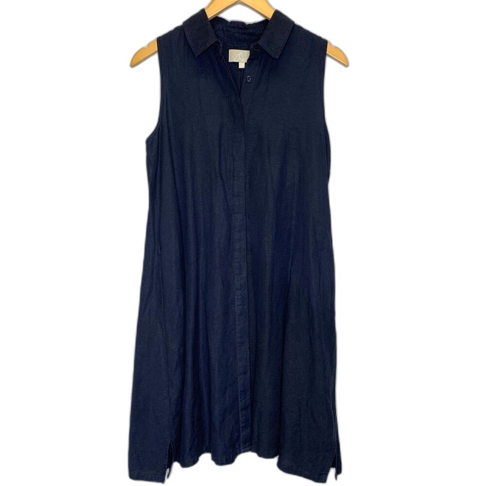 Womens Joan Vass Linen Blend Swing Dress Sleeveless Collar Classic Resort Beach